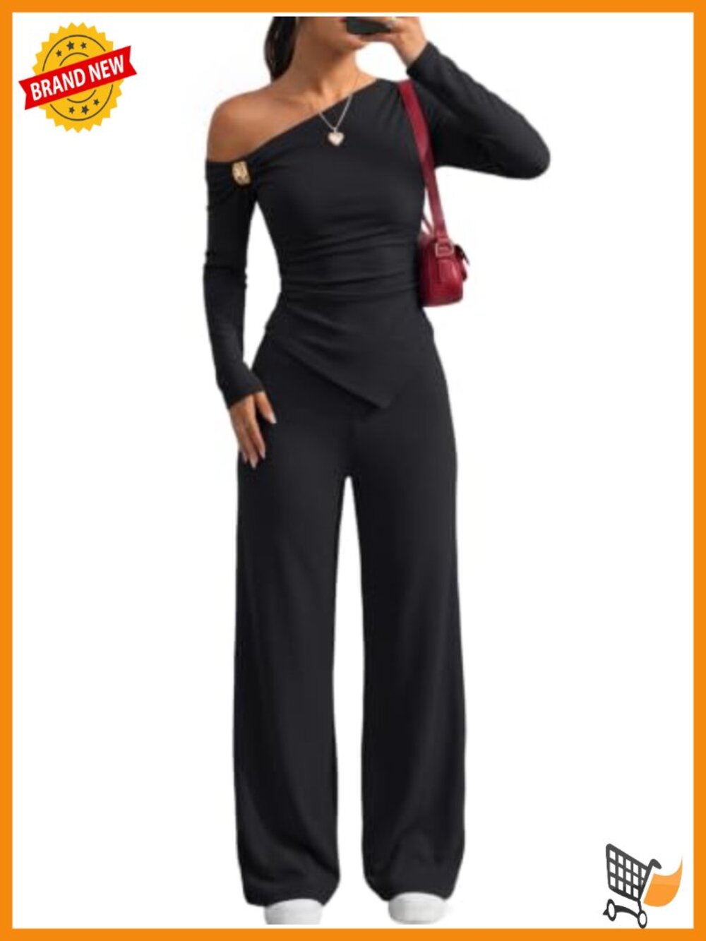 2 Piece Off Shoulder Asymmetrical Ruched Top & Wide Leg Pants Lounge Set